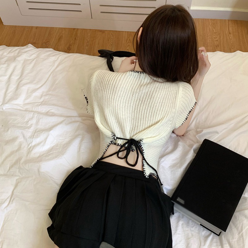 Áo Croptop Dệt Kim Tay Ngắn Màu Sắc Tương Phản Cột Dây Phong Cách Hàn Quốc Thời Trang Mùa