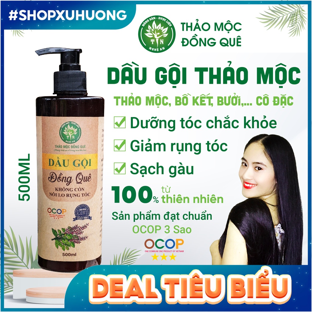 Dầu gội bồ kết, bưởi, thảo dược cô đặc giúp sạch gàu, giảm gãy rụng Thảo mộc Đồng Quê - 500ML