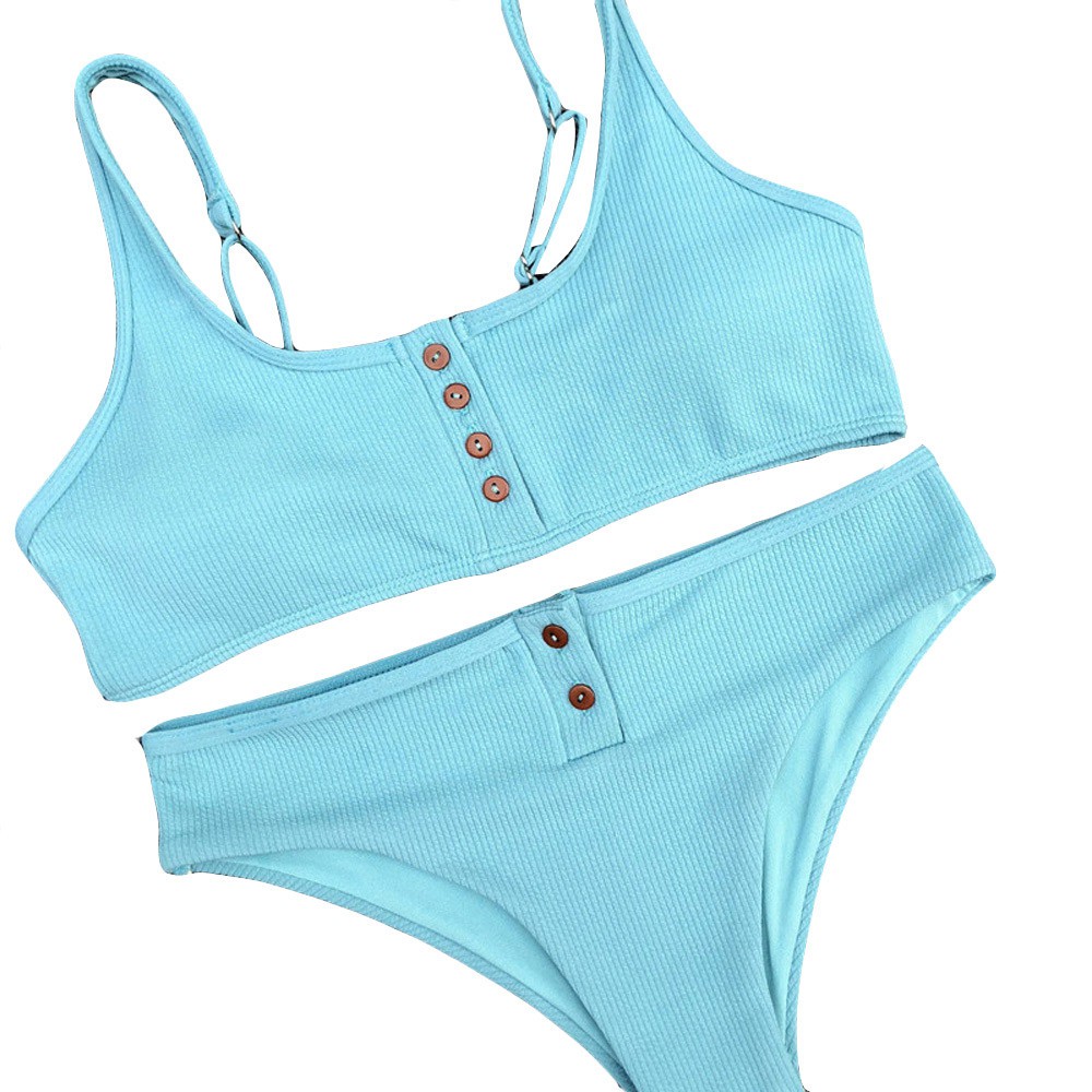 Bikini hai mảnh màu trơn phối nút áo độc đáo cho nữ | BigBuy360 - bigbuy360.vn