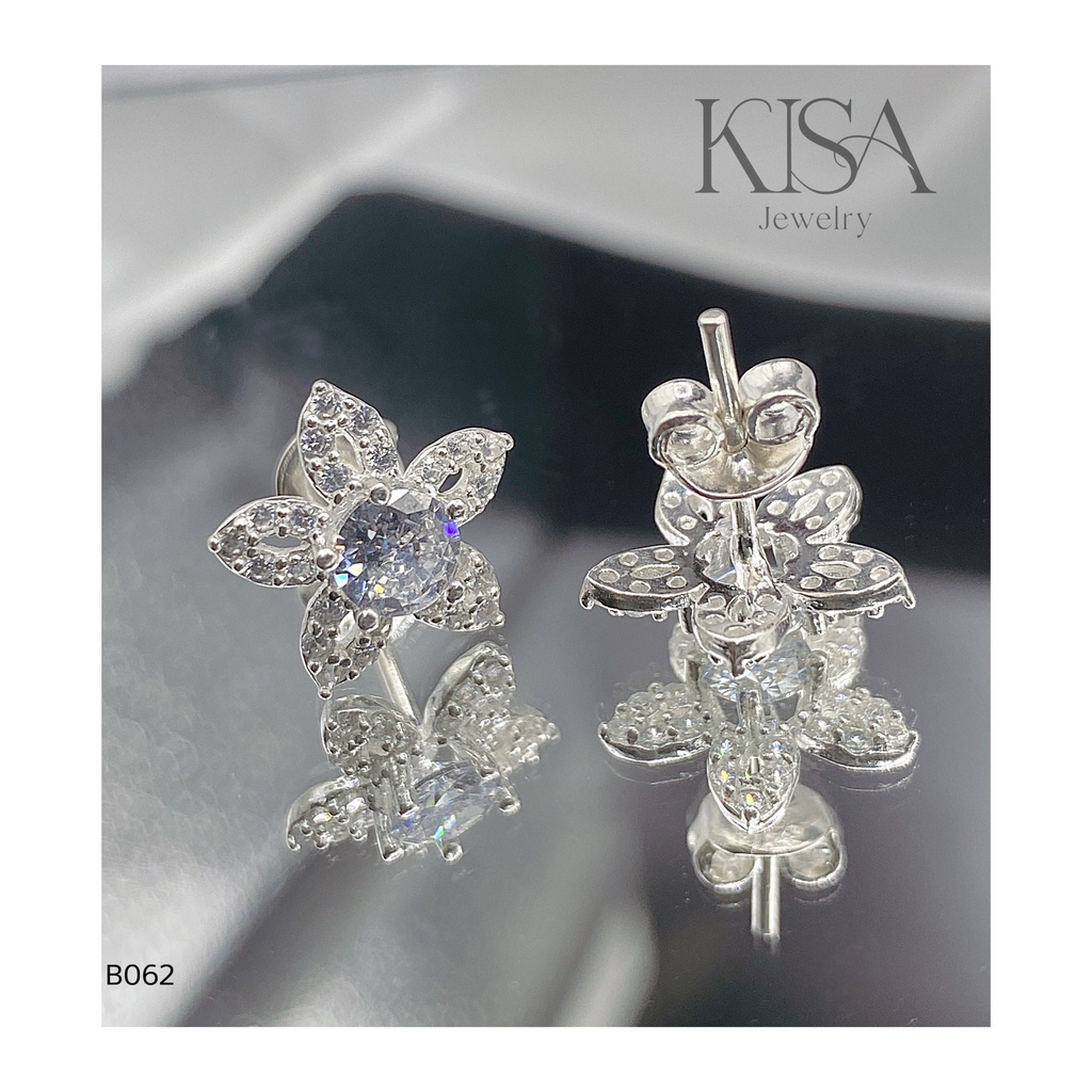 Bông Tai Bạc  Bạc Ý, đính đá CZ, hình hoa 5 cánh siêu đẹp B062