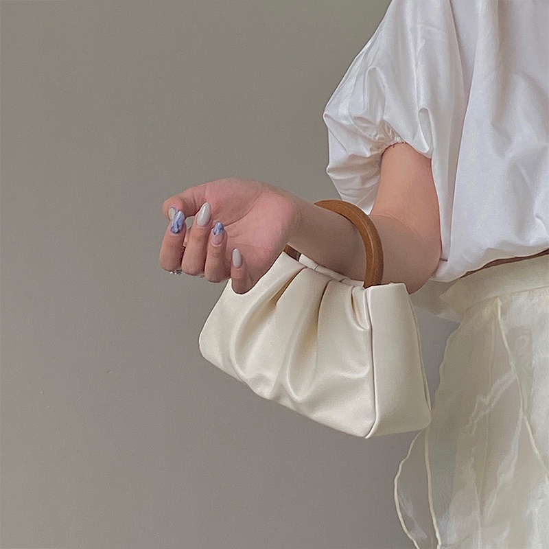 Túi Đeo Chéo Mini Hình Đám Mây Xếp Ly Tay Cầm Bằng Gỗ Cho Nữ