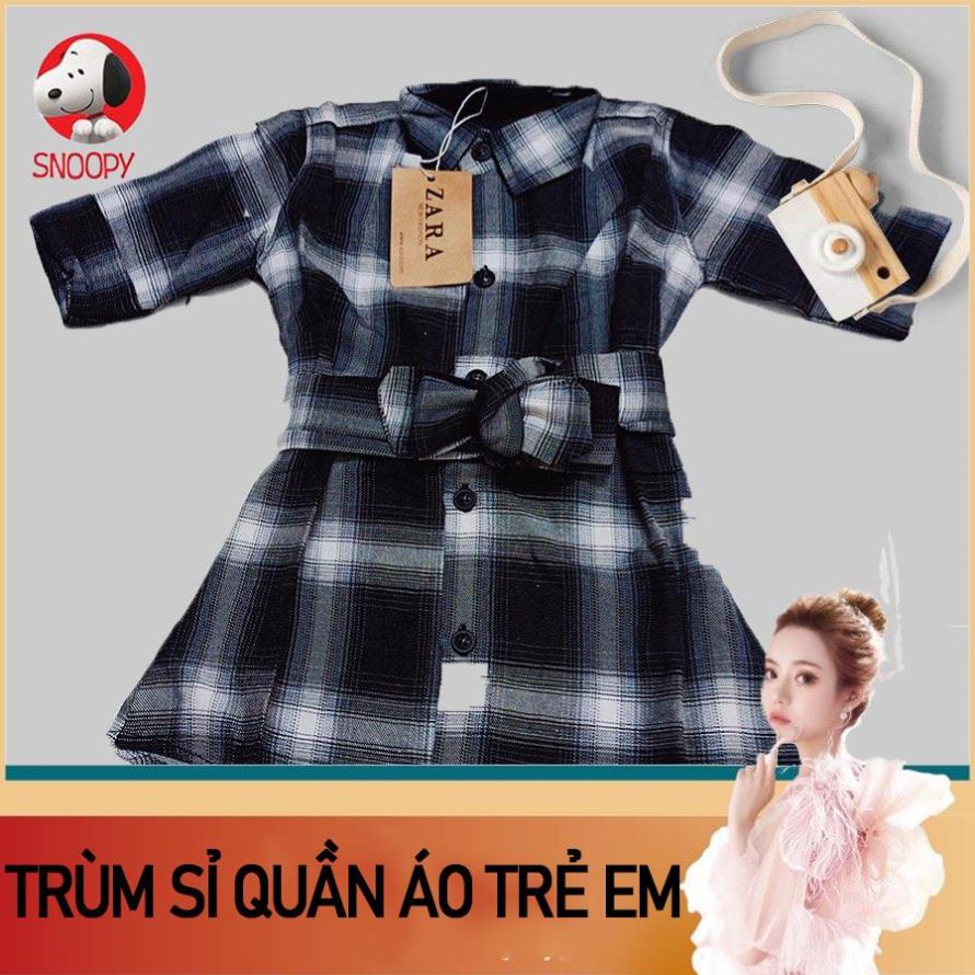 Giá sỉ Váy Bé Gái Tay lỡ Xinh Xắn Cách Điệu 2 màu-Váy sơ mi bé gái cột eo sọc caro cá tính dễ thương