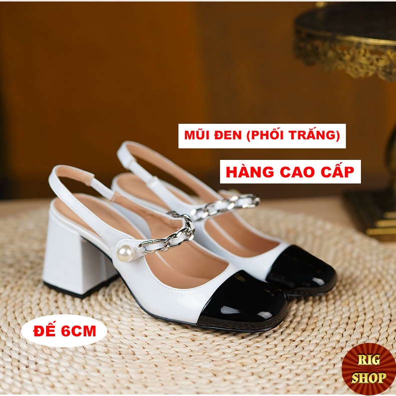 GIÀY CAO GÓT 6P MŨI TRÒN MÀU ĐEN KEM QUAI NGANG PHỐI XÍCH VÀ NGỌC CỰC CUTE D12