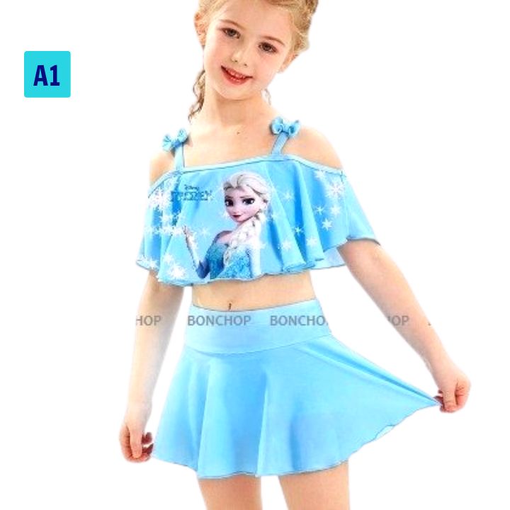 Đồ bơi hai mảnh cho bé gái hình Elsa từ 10-39kg -quần giả váy tạo kín đáo- Tomchuakids