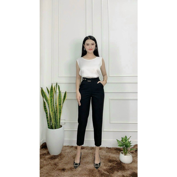 M333 Quần tây công sở nữ dài đai cạp lưng cao_ Dáng quần baggy vải công sở dày mềm phối áo sơ mi