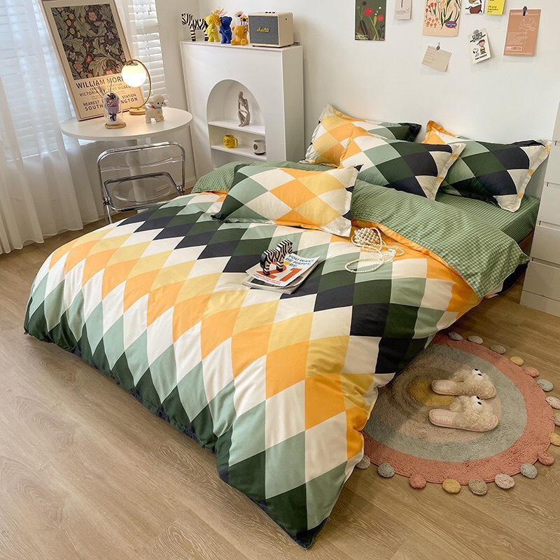 Bộ chăn ga gối Cotton Poly M2T Bedding, vỏ chăn mền, drap ga giường và 2 vỏ gối - PL ZZZ vàng xanh | BigBuy360 - bigbuy360.vn