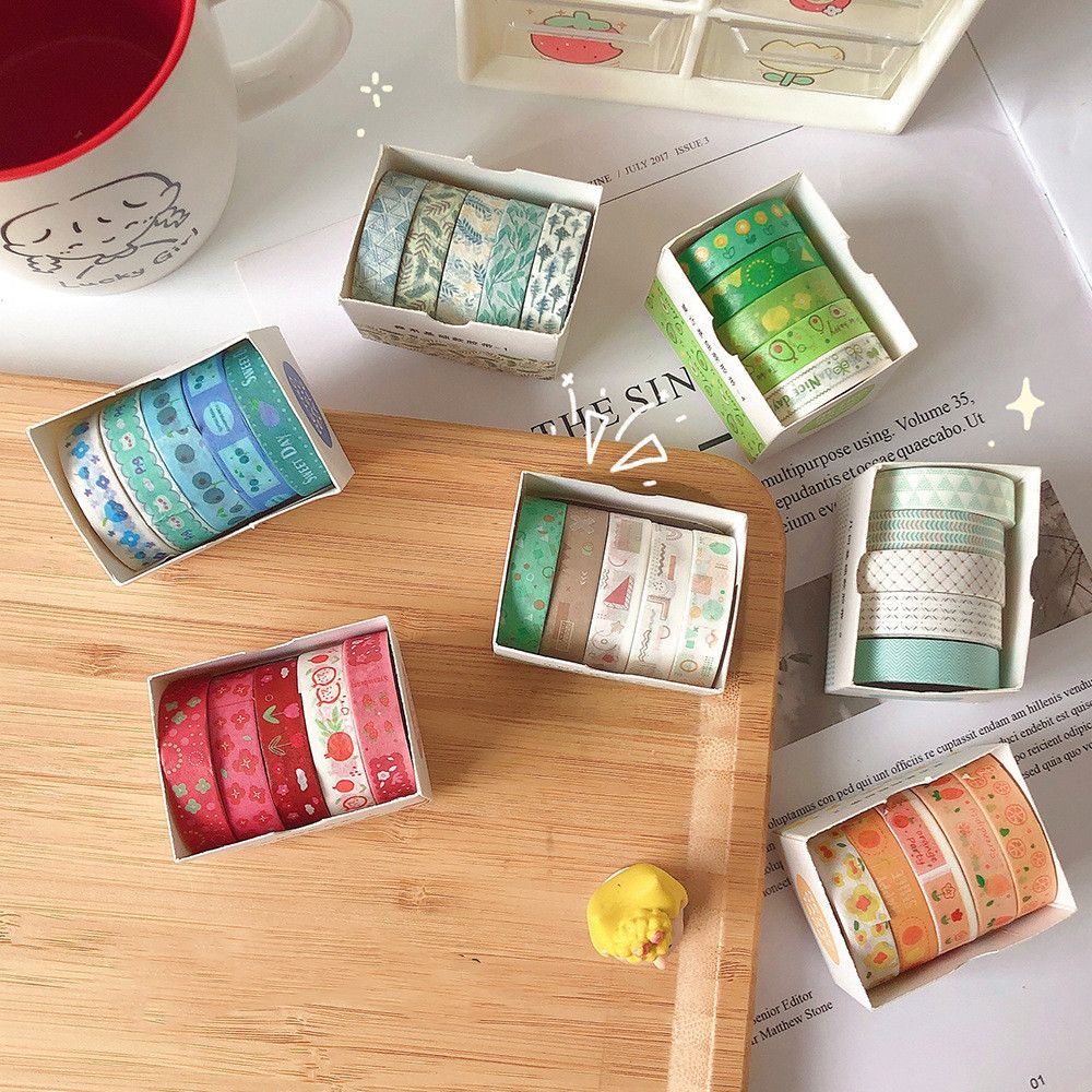 Hộp 5 cuộn băng keo washi in họa tiết sáng tạo trang trí sổ tay DIY