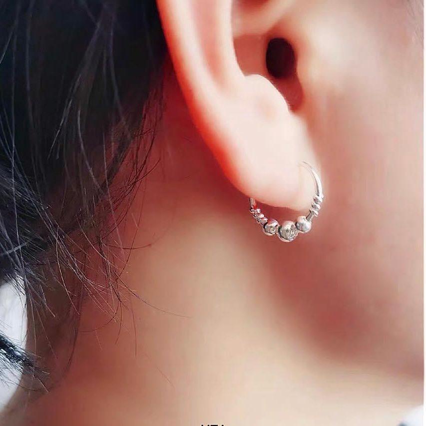 Bông tai tàu tròn mix 3 viên bi bạc xinh xắn Mainomi Shop Bạc Xinh