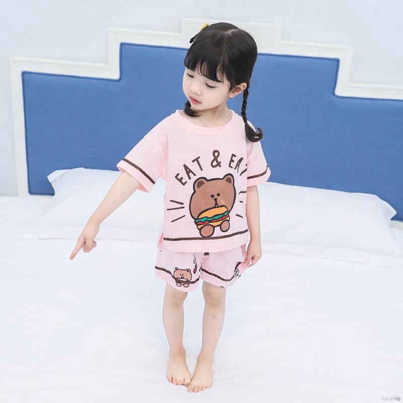 ruiaike  Summer Boy Girl Short-Sleeved Sleepweat Suits Kids Cartoon Print Tops Pants Pajamas Set