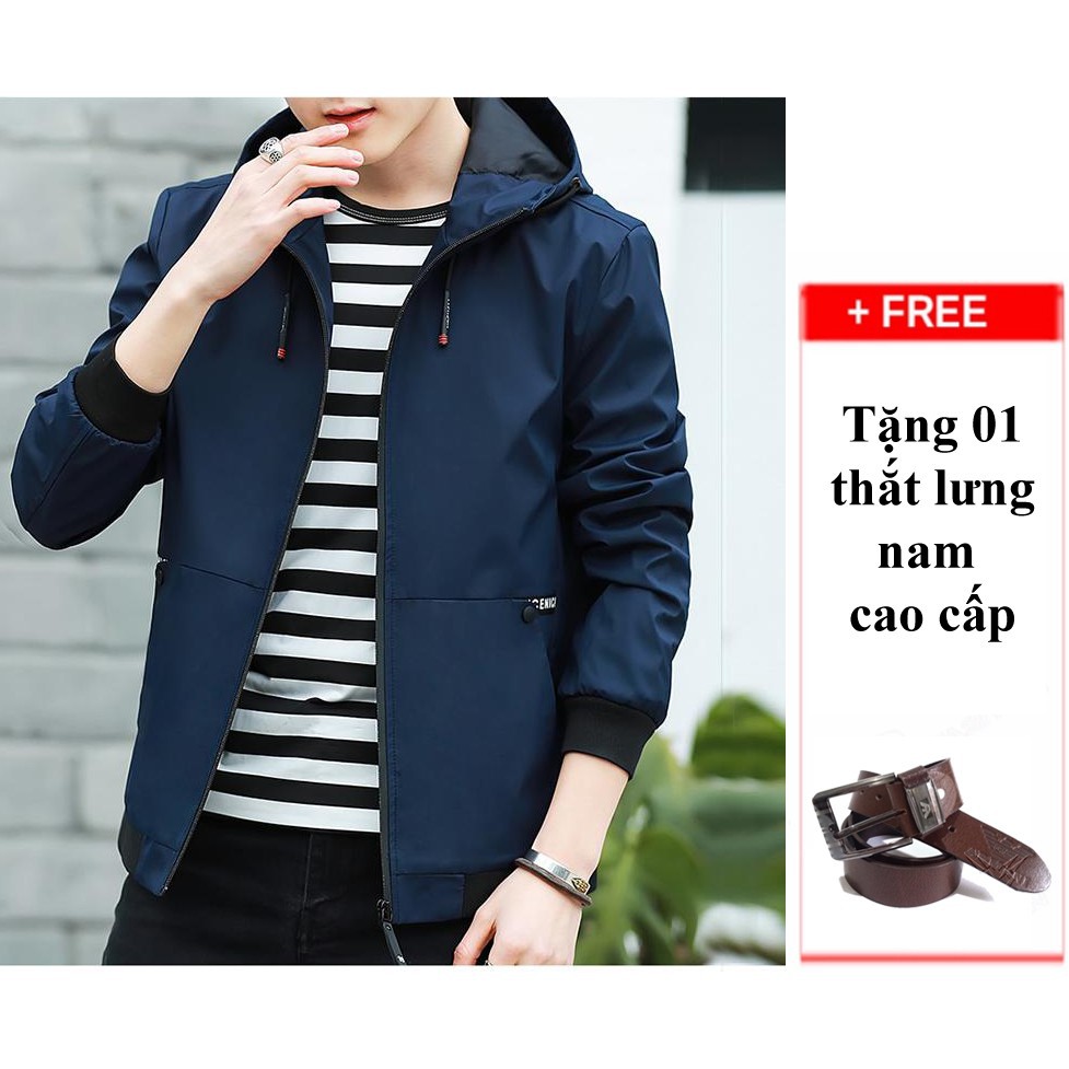 Áo khoác dù nam có nón AKD19 (xanh đen) + thắt lưng nam cao cấp hàng vnxk