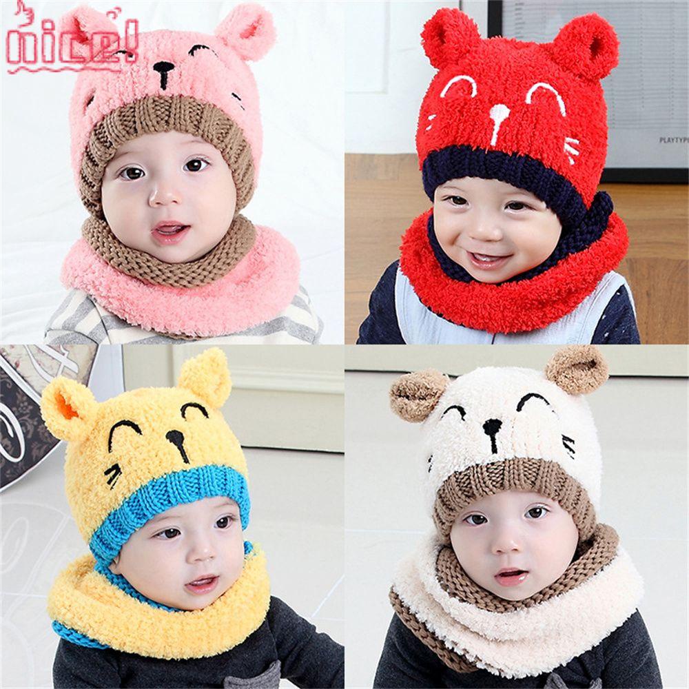Mũ Đan Len Kèm Khăn Choàng Cổ Hình Mèo Dễ Thương Cho Bé