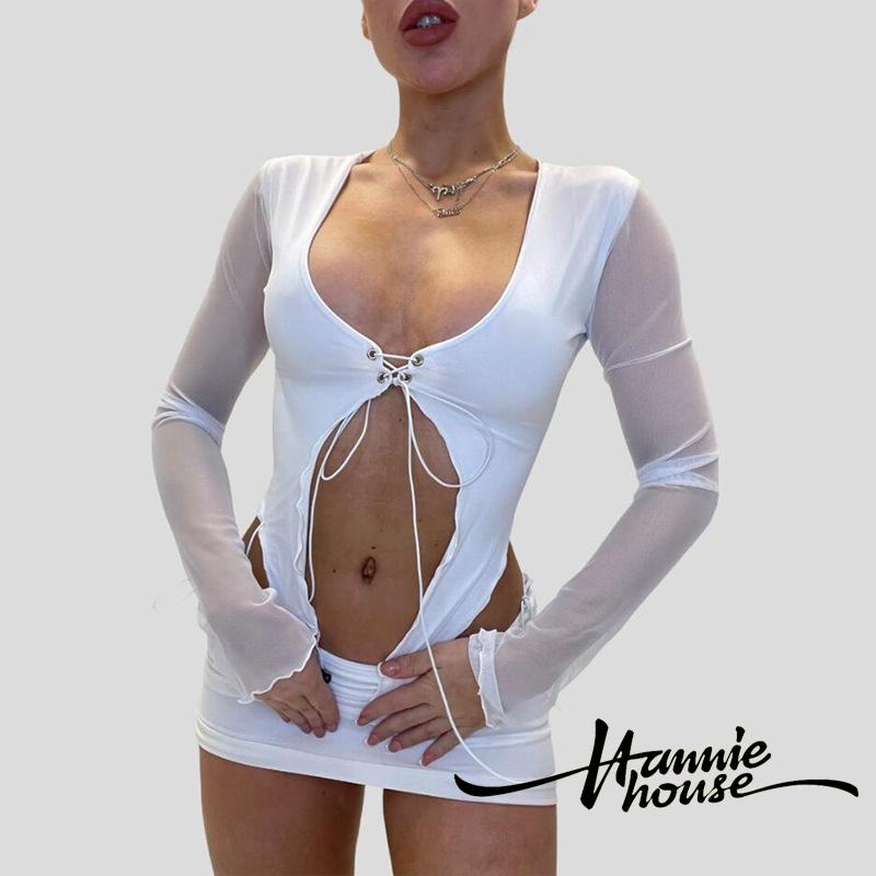 Áo Croptop Tay Dài Cổ Chữ U Thiết Kế Cột Dây Trước Thời Trang Mùa Hè Quyến Rũ Cho Nữ