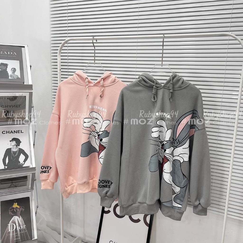 Áo Hoodie nỉ nữ form rộng chất dày có mũ tai thỏ đáng yêu