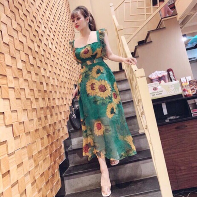 Đầm hoa hướng dương màu xanh voan( có ảnh thật)