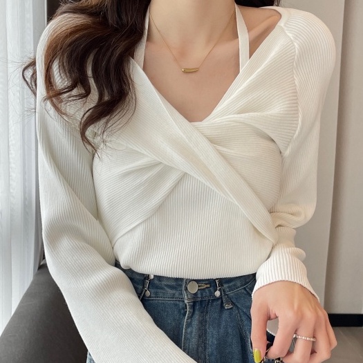 【ZHELIHANGFEI】Áo Dệt Kim Tay Dài Cổ Chữ V Giả Hai Lớp Thời Trang Cá Tính Trẻ Trung