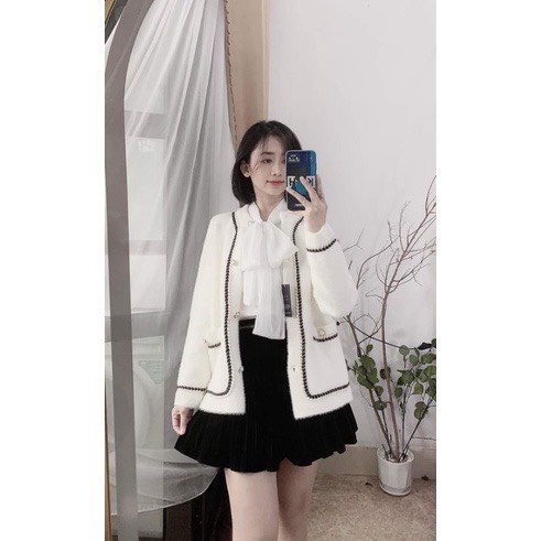 Áo khoác lông cừu đại hàn cổ tròn dày dặn ấp áp mặc đi Đà lạt Sa pa áo lông 4 túi viền dây dệt cúc ngọc