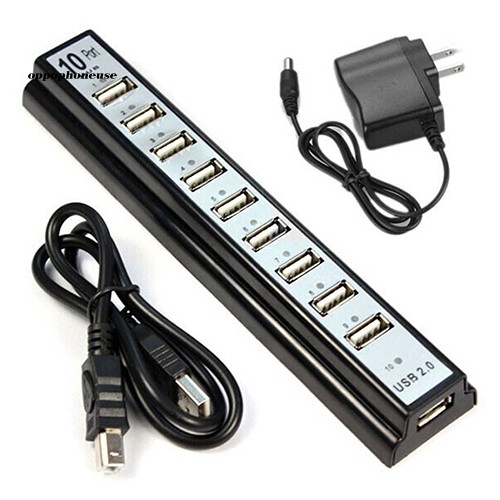 【OPHE】10 Port Hi-Speed USB 2.0 Hub Splitter + US Power Adapter for PC Laptop Computer