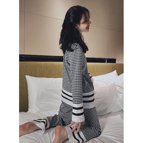 Bộ Đồ Ngủ Tay Dài Họa Tiết Houndstooth Phong Cách Hàn Quốc Trẻ Trung Cho Nữ