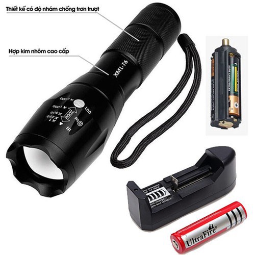 Đèn pin siêu sáng, Đèn pin chống nước siêu sáng XML-16 cao cấp Tặng kèm ngay 1 Pin, 1 Đốc sạc - HÀNG CHÍNH HÃNG CAO CẤP