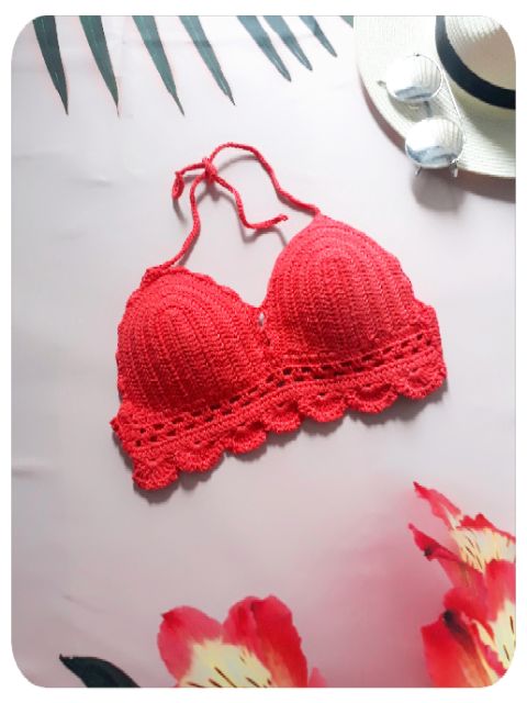 Áo bra bikini len cột dây cotton cao cấp đan móc thủ công tỉ mỉ đi bơi tắm biển