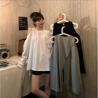 Áo oversize tay dài xẻ tà chéo lưng khoét vai đen trắng xám
