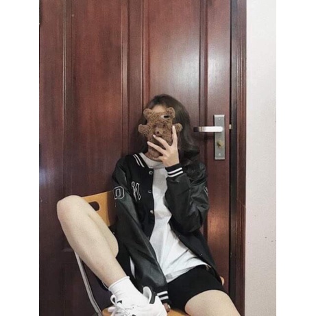 Áo khoác bomber viền kẻ phối tay da