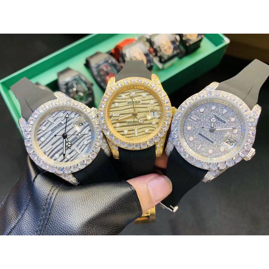 Đồng hồ nam Rolex mặt tròn đính viền đá sang trọng máy cơ cao cấp chống nước