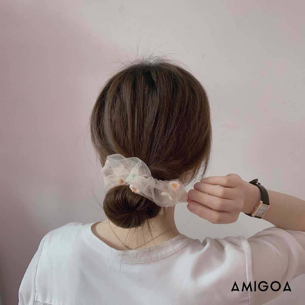 【Amigoa】Đàn hồi voan Tóc Tie Dây cột tóc vải lưới Scrunchies thêu hoa cúc họa mi HOT TREND