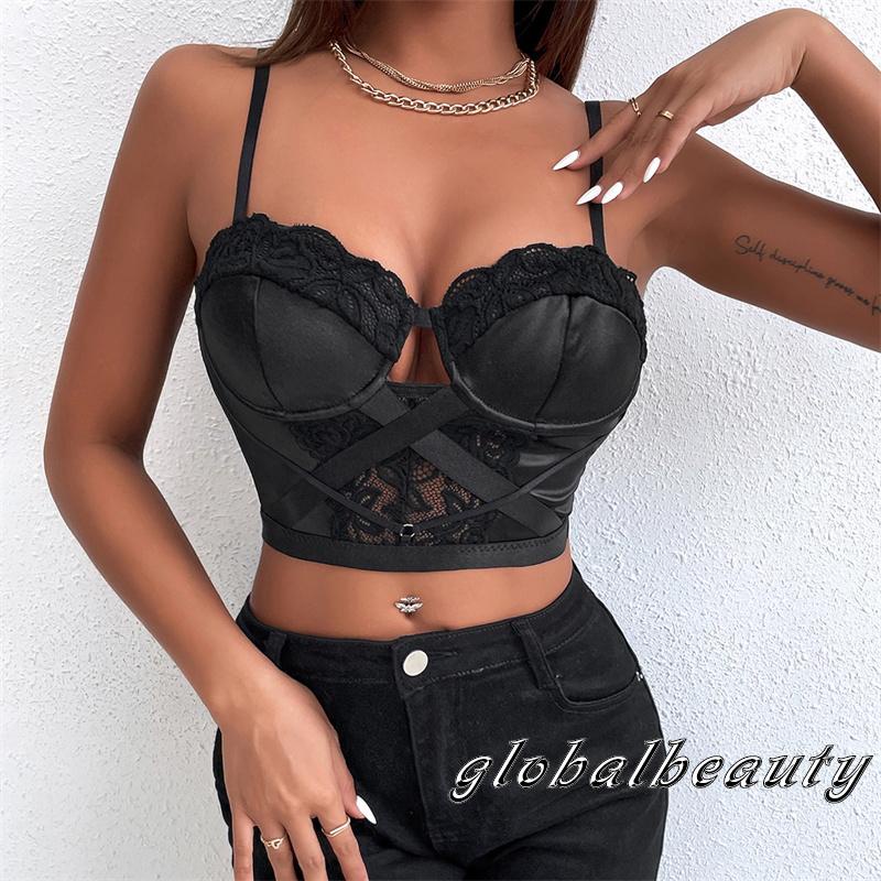 Áo Croptop Không Tay Hở Lưng Màu Trơn Phối Ren Gợi Cảm Cho Nữ