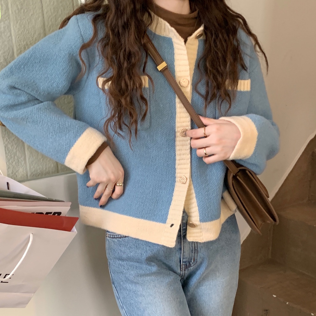 Xiaozhainv Áo croptop tay dài cổ tròn phong cách Hàn Quốc thời trang mùa thu cho nữ