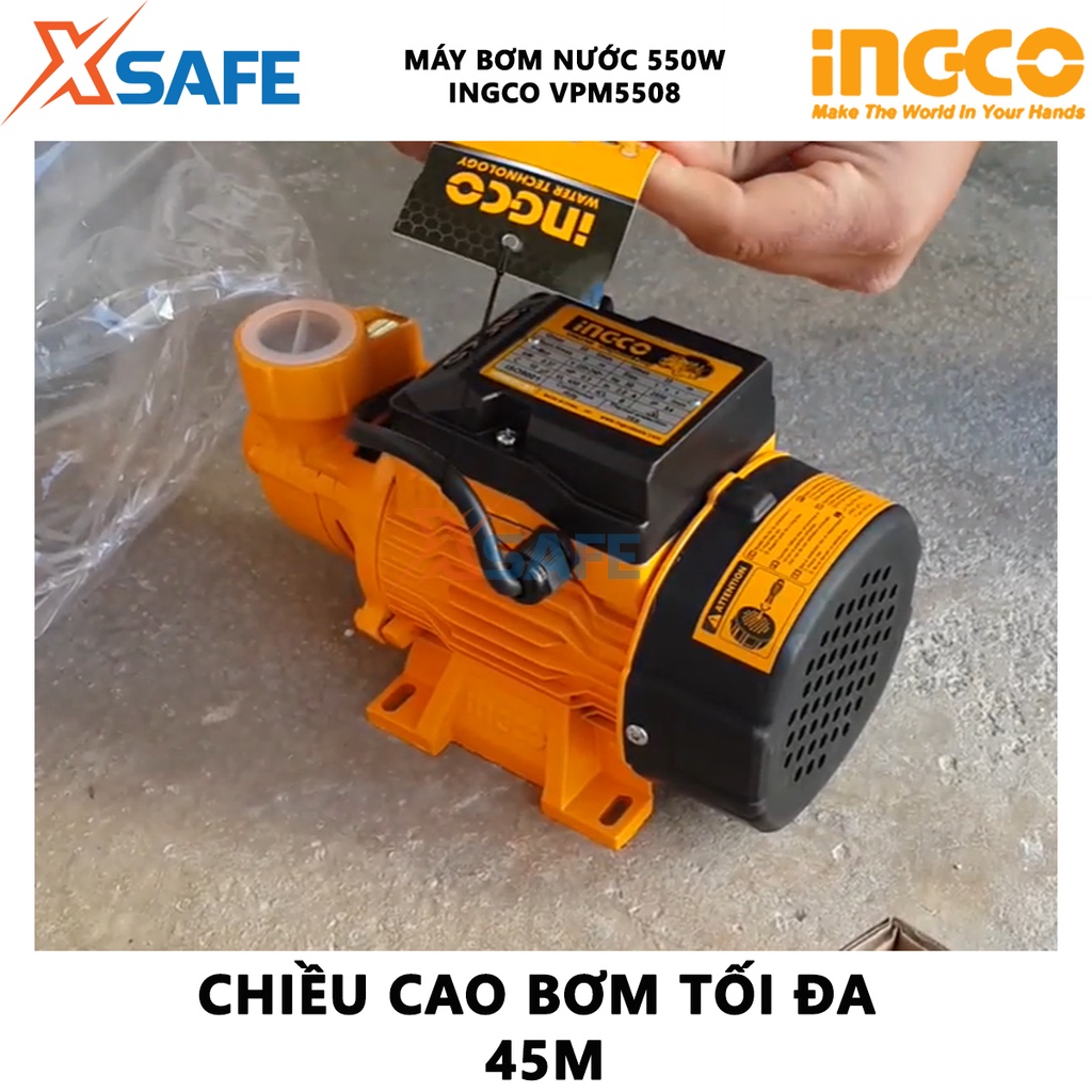 Máy bơm nước INGCO VPM5508 công suất 550W (0,75HP), chiều cao bơm 45m, độ hút sâu 8m, mô tơ dây đồng - chính hãng