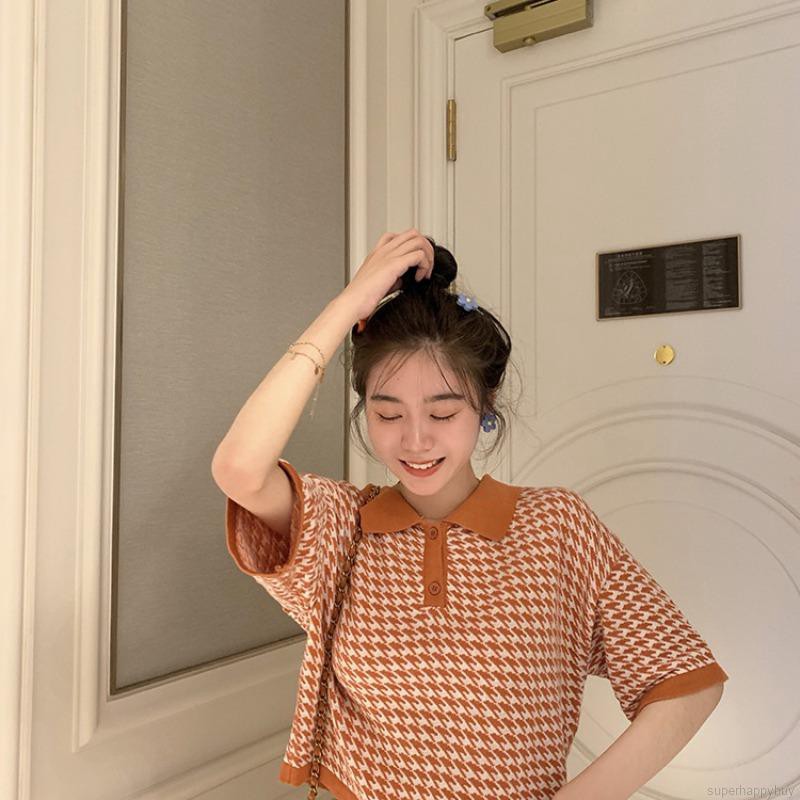 Áo sơ mi tay ngắn dáng rộng hoạ tiết sọc ca-rô cho phái nữ