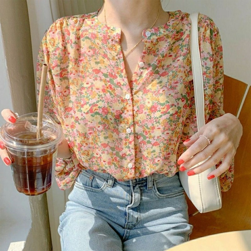 Áo Blouse Nữ Tay Dài Cổ Chữ O Dáng Suông Màu Trơn Thời Trang Mùa Hè