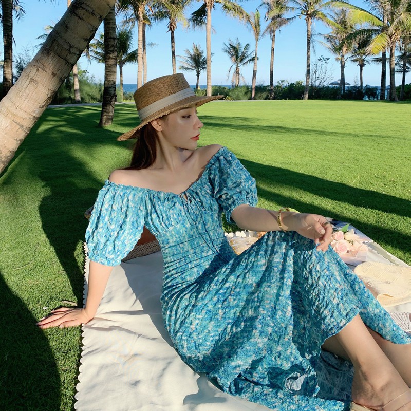 Đầm dài trễ vai hoa xanh cực xinh - Hàng Quảng Châu cao cấp - Ngân Dali | BigBuy360 - bigbuy360.vn