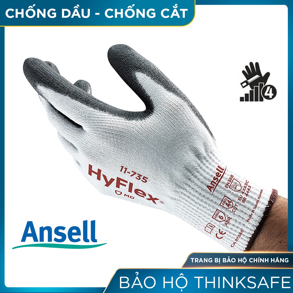 Găng tay lao động Ansell Thinksafe,  bao tay bảo hộ chống cắt cấp độ 4 được phủ PU chống dầu nhớt, ôm tay 11-735