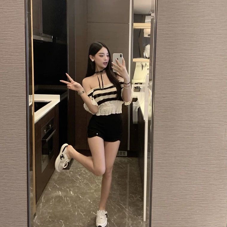 Áo Dệt Kim Trễ Vai Kẻ Sọc Gợi Cảm Cho Nữ