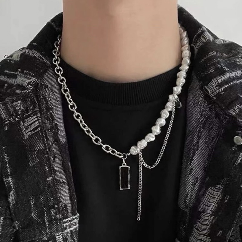 Dây Chuyền Xích Phối Hạt Ngọc Bằng Thép Titan Không Gỉ Mặt Hình Chữ Nhật Đá Đen - Vòng Cổ Unisex Phong Cách Quyến Rũ
