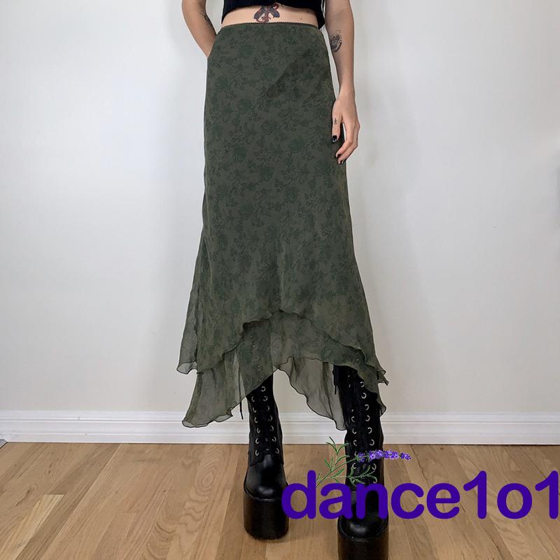 Chân váy midi lưng cao phối bèo in họa tiết hoa phong cách mùa hè thời trang xinh xắn cho nữ