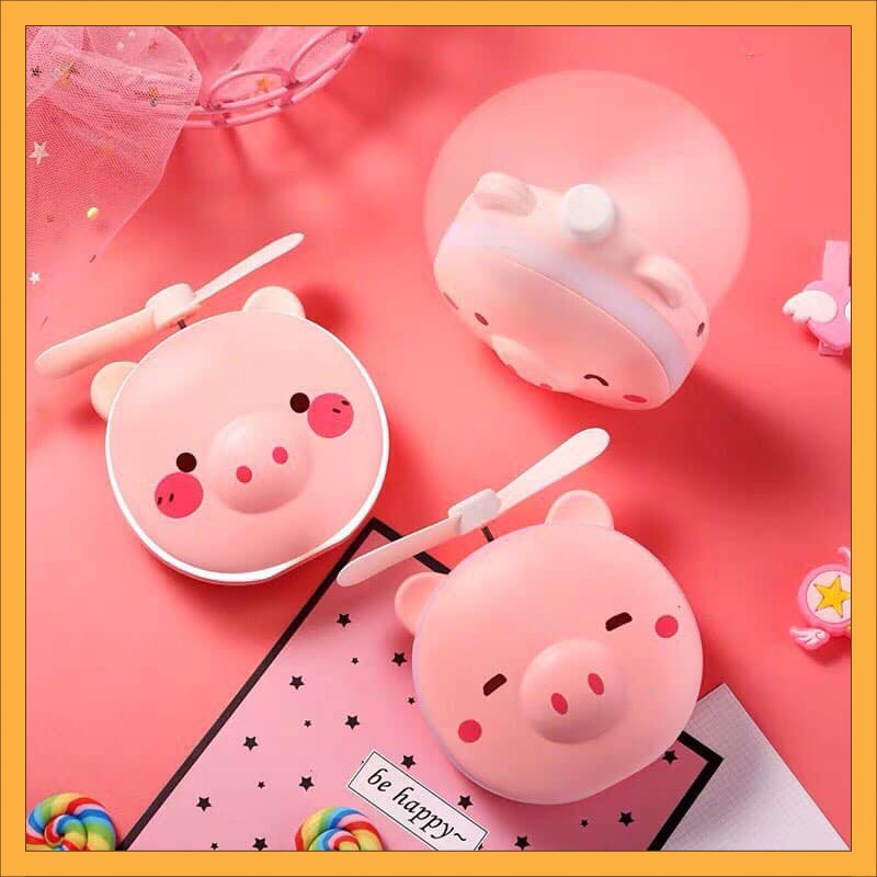 🍀Gương Con Heo Cute Xinh kết hợp Quạt Xinh màu Hồng Pastel Có Ổ Cắm Điện tiện lợi🍀