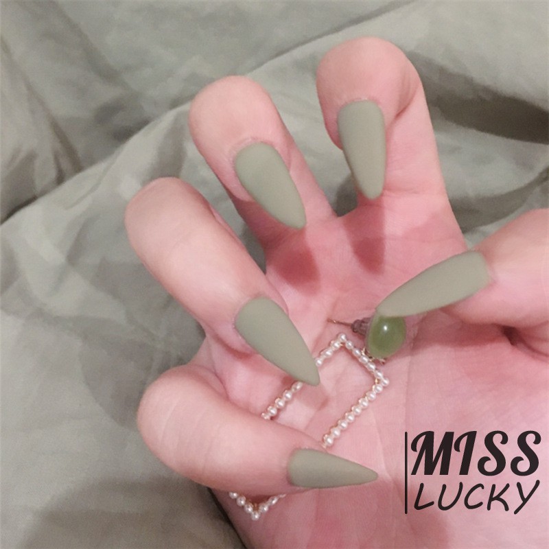 Bộ móng tay giả màu xanh xám nhám thời trang