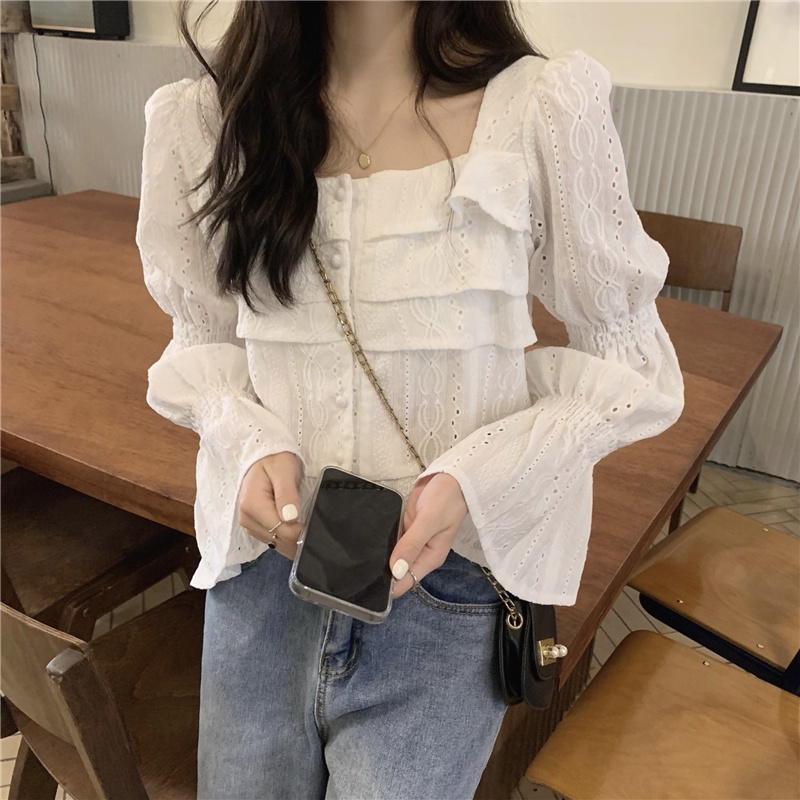 Áo Ren Cổ Vuông Tay Phồng Thời Trang Mùa Thu Pháp Cổ Điển Dành Cho Nữ 54427