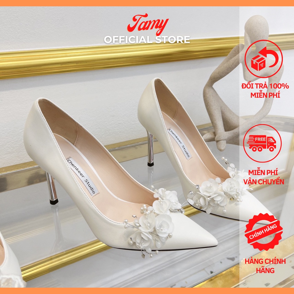 Giày cao gót trắng đính đá(9cm), giày cưới cô dâu đính hạt, Giày cao gót trắng da mềm_P023_Tamyshoes