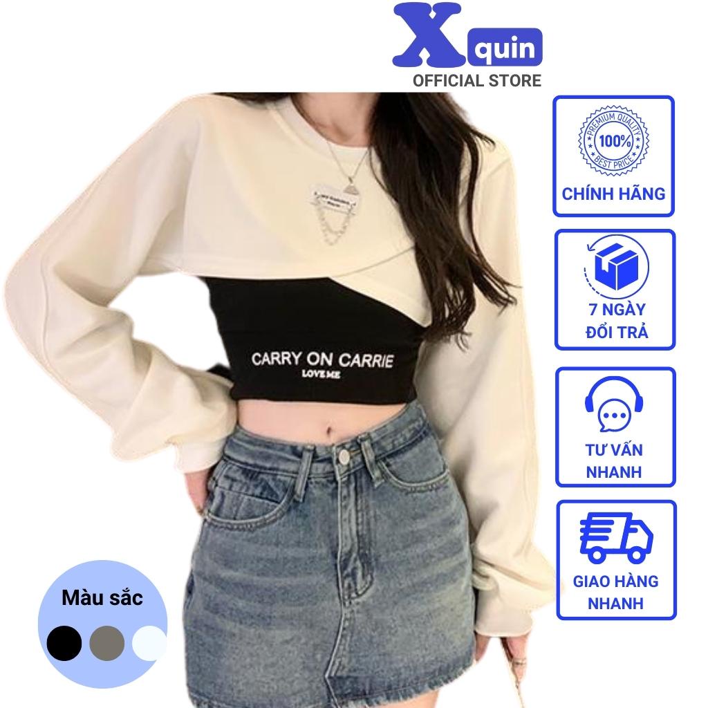 Set áo croptop thun dài tay cổ tròn kèm áo ống phong cách Retro Xquin, Áo kiểu nữ ôm body phối xích siêu xinh