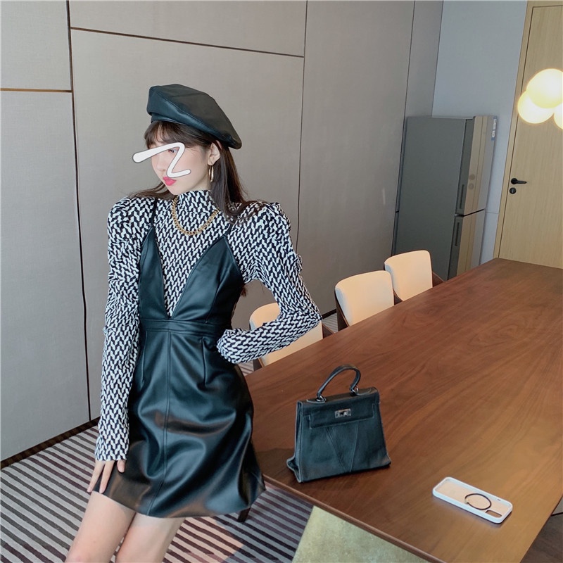 Set áo sơ mi tay dài kẻ sọc caro phối đầm sát nách thời trang mùa thu cho nữ