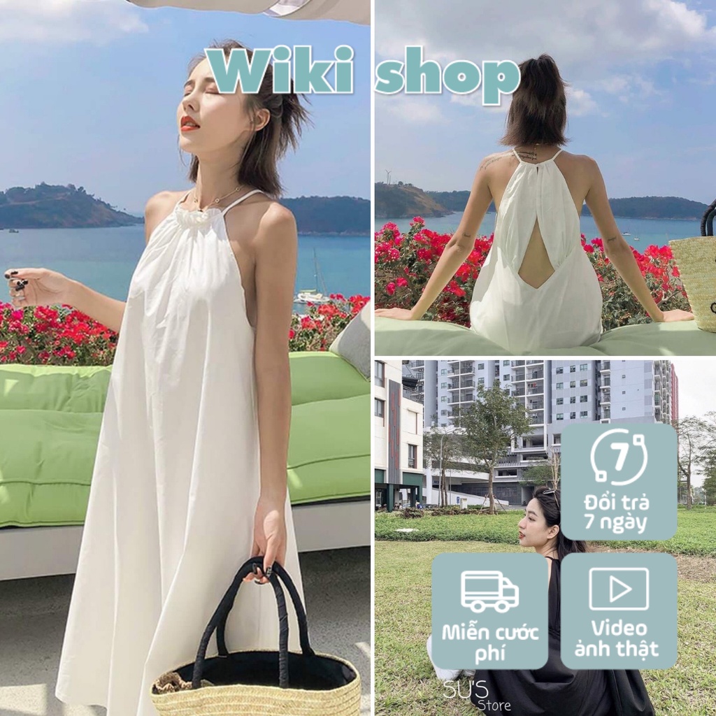 [CÓ ẢNH THẬT] Váy yếm hai dây hở lưng đen trắng dáng maxi - Váy yếm dáng maxi dáng suông xòe rộng freesize chất thô mát