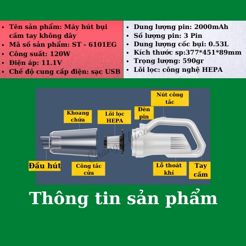 Máy hút bụi cầm tay không dây Suitu ST - 6101EG - Máy hút bụi cầm tay không dây nhà và ô tô Suitu ST - 6101EG