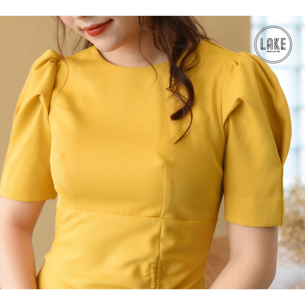 Váy,đầm tay bồng rút eo che bụng lake fashion màu vàng | BigBuy360 - bigbuy360.vn