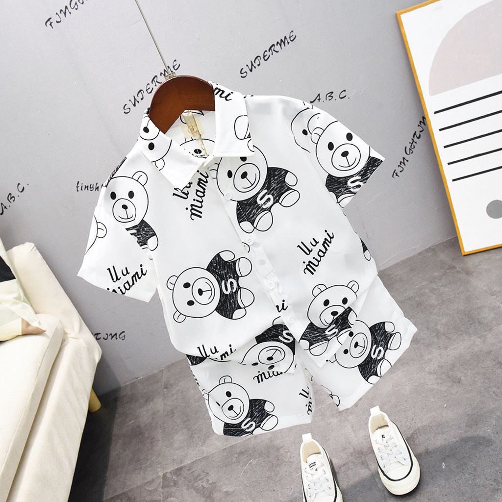 Bộ Ngủ Lụa Cộc Tay Cho Bé In Hình Gấu Bông, Đồ bộ Pijama bé trai bé gái mặc đều xinh từ 7-27kg - LILA KIDS
