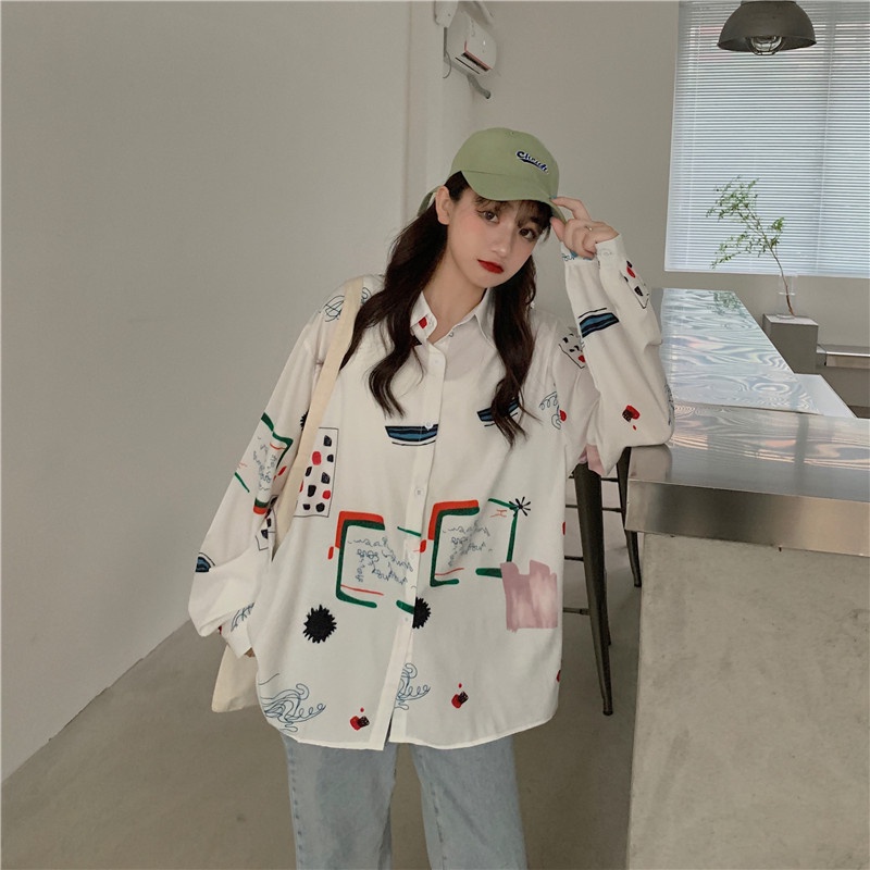 SUXI Áo sơ mi chiffon tay dài in hoa phong cách retro Hàn Quốc cho nữ