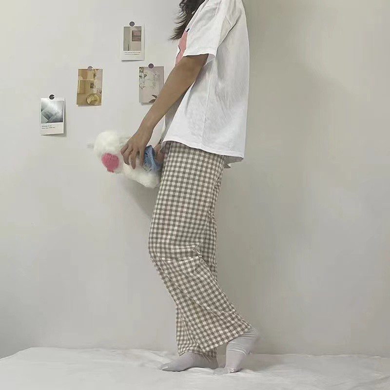 Quần ngủ pijama quần dài kẻ caro nâu dáng suông mặc nhà ullzang Hàn Quốc